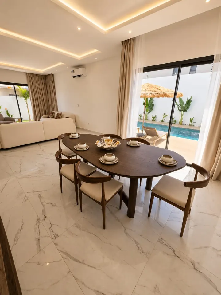 La salle à manger ouverte sur la piscine — Maison d’hôtes Grand-Bassam